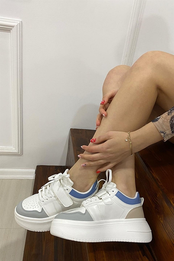 Kadın Beyaz Mavi Spor Ayakkabı Yüksek Tabanlı-5 Cm-hafif Yürüyüş Ayakkabısı Sneakers