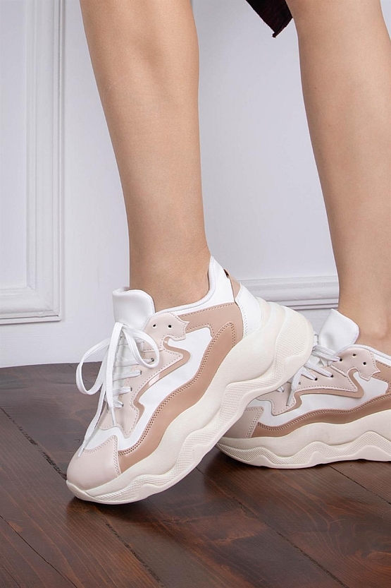 Kadın Bej Spor Ayakkabı Yüksek Tabanlı-5 Cm-hafif Yürüyüş Ayakkabısı Sneakers